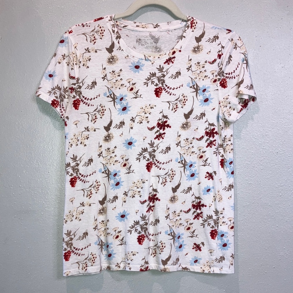 Lucky Brand Classic Crew Neck Floral Print Short Sleeve Tee - Red, Blue, Brown